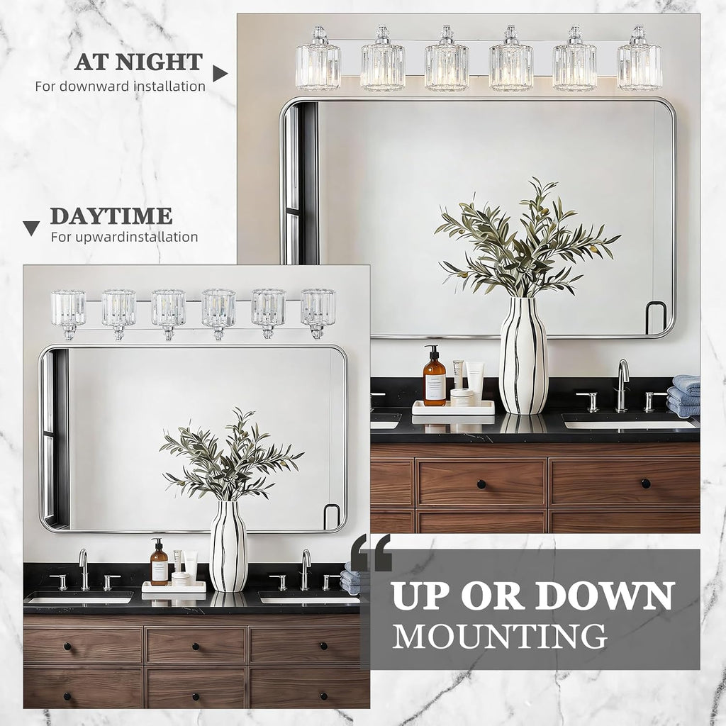 6-Light Modern Bathroom Light Fixture Chrome Vanity Lights Over Mirror Wall Sconce Lighting with K9 Crystal Shades Bathroom Wall Lamp E26 Base for Bedroom, Living Room, Hallway