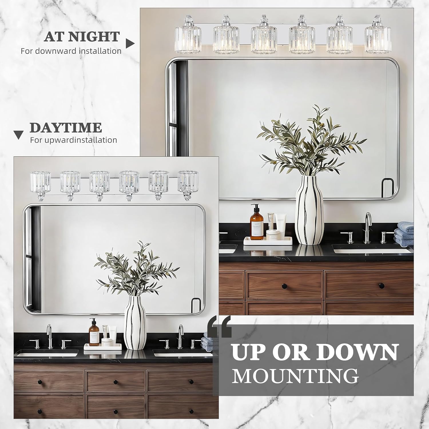 6-Light Modern Bathroom Light Fixture Chrome Vanity Lights Over Mirror Wall Sconce Lighting with K9 Crystal Shades Bathroom Wall Lamp E26 Base for Bedroom, Living Room, Hallway