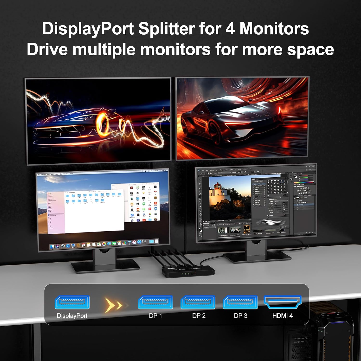 DisplayPort Splitter for 4 Monitors, Three DP with HDMI Adapter 8K@60Hz Extended Display 1 in 4 Out DisplayPort MST Hub for Multiple Monitor, Compatible with Computer, Graphic Card, PC