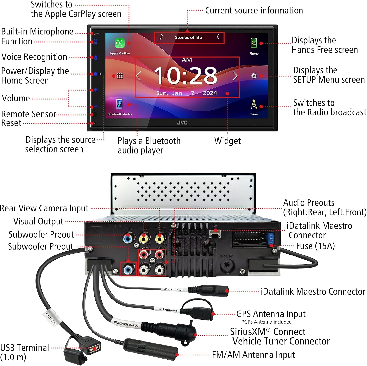 JVC KW-M595BT 6.8' Touchscreen Digital Multimedia Receiver with Apple CarPlay, Android Auto, Bluetooth, USB Mirroring, iDatalink Maestro Ready, SiriusXM Ready, 13-Band EQ