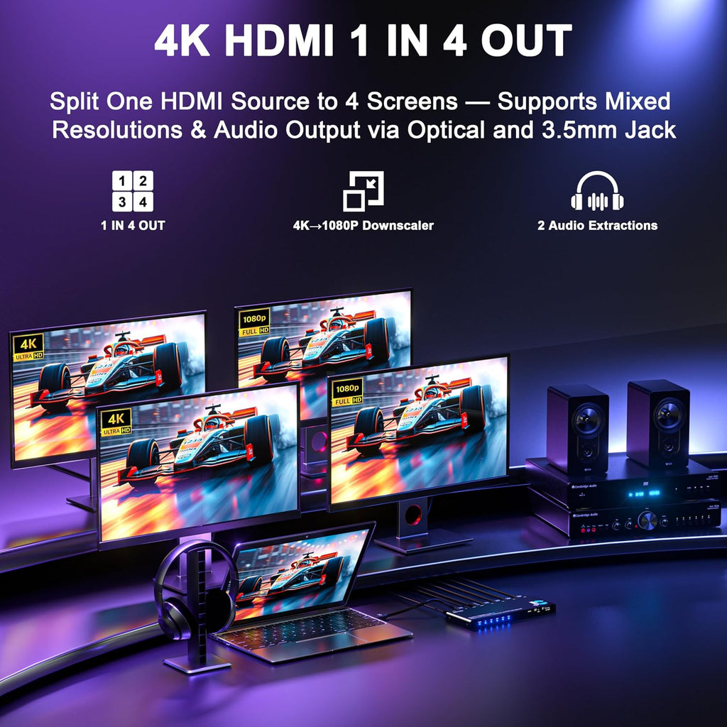 1x4 HDMI Splitter 4K@60Hz 4:4:4 HDR - with Audio Extractor (Optical/3.5mm), HDMI Switcher Splitter with EDID Management & Downscaler, HDCP 2.2 Compatible for PS5/Xbox/Apple TV (18Gbps)