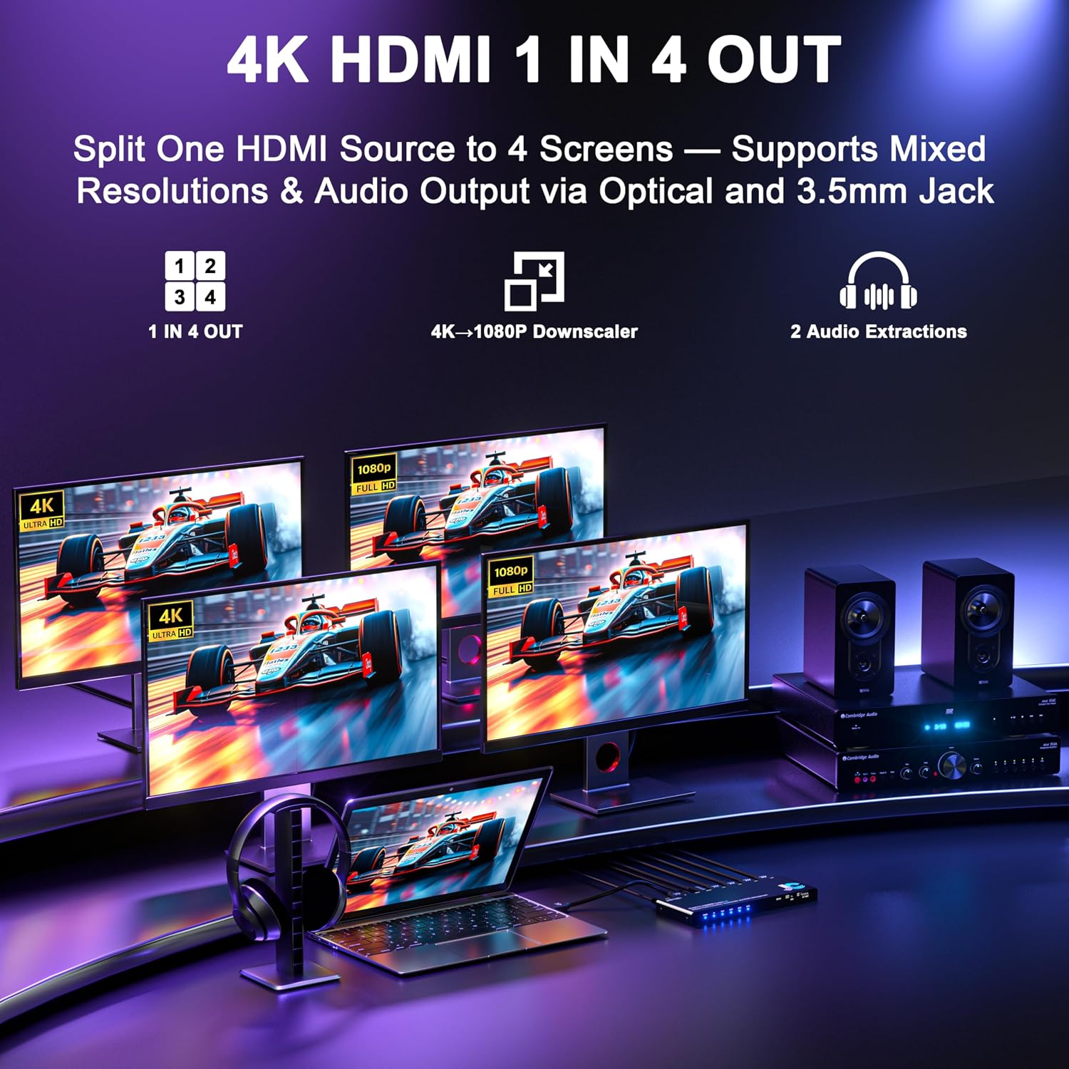 1x4 HDMI Splitter 4K@60Hz 4:4:4 HDR - with Audio Extractor (Optical/3.5mm), HDMI Switcher Splitter with EDID Management & Downscaler, HDCP 2.2 Compatible for PS5/Xbox/Apple TV (18Gbps)