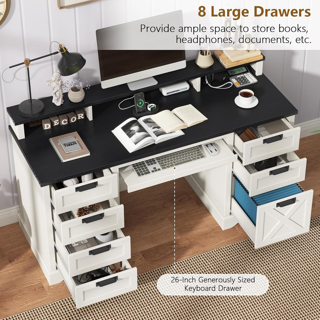 60' Farmhouse Executive Desk with 8 Drawers, Wood Computer Desk with Keyboard Tray and Charging Station, Home Office Desk Writing with File Drawer Fits A4 Size for Work and Study, White and Black