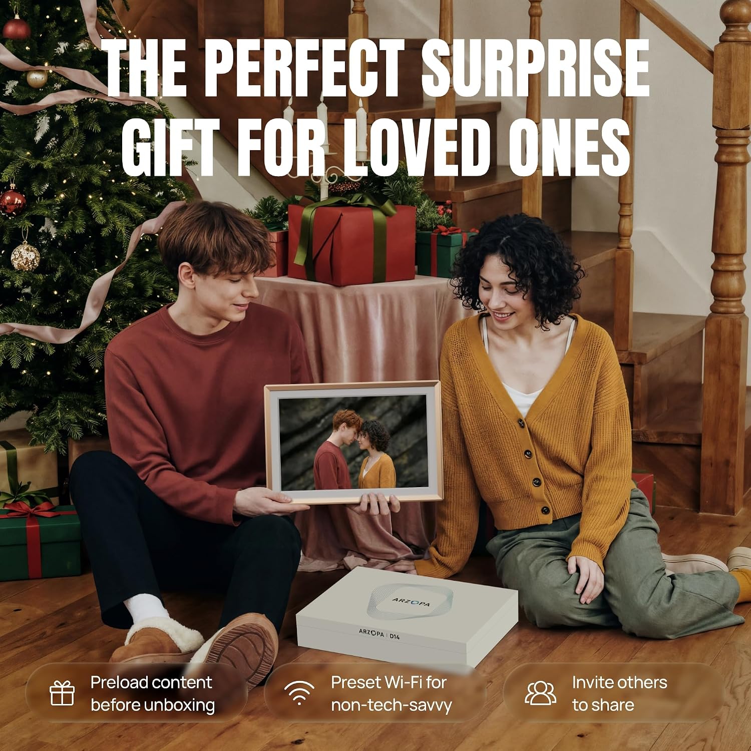 ARZOPA Metal Digital Picture Frame 14 Inch Free Cloud Storage No Subscription FHD IPS Anti-Glare Touchscreen Load Photos Videos from Phone Exquisite Decoration Ideal for Gifting - D14 Champagne Gold