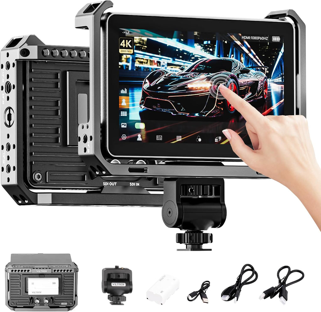 VILTROX DC-X3 Camera Monitor with Rig Cage, 6 Inch IPS Touchscreen Camera Field Monitor Kit 4K HDMI 3G-SDI in/Out 2000 nits with Sunshade Hood, 3D Lut, Waveform, Histogram & Vectorscope Tools
