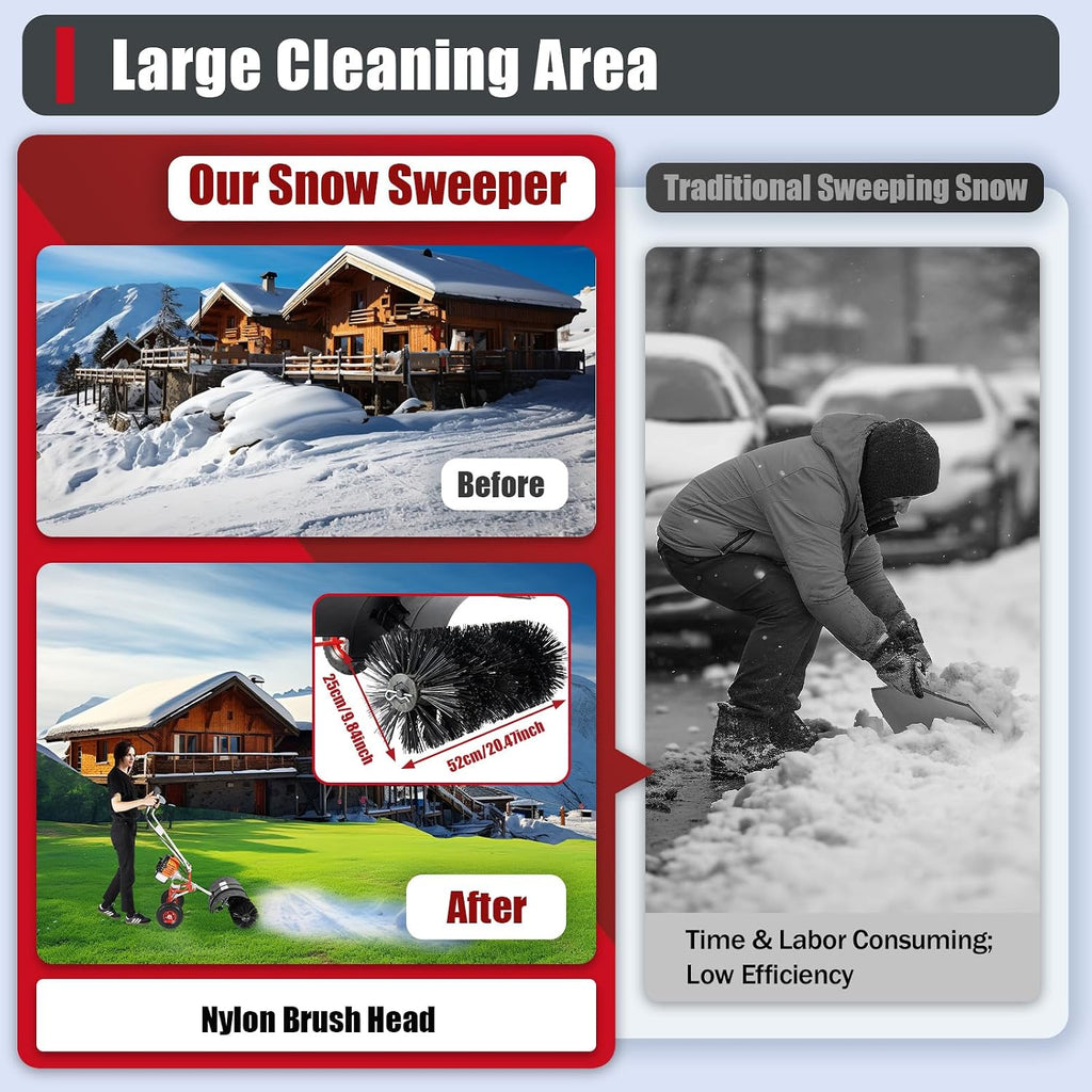 52cc Gas Power Handheld Snow Broom Brush Cleaner, 2.5 HP w/Auxiliary Wheels, Outdoor Hand Held Push Broom Driveway Sweeper for Concrete Driveway Cleaning Lawn Snow