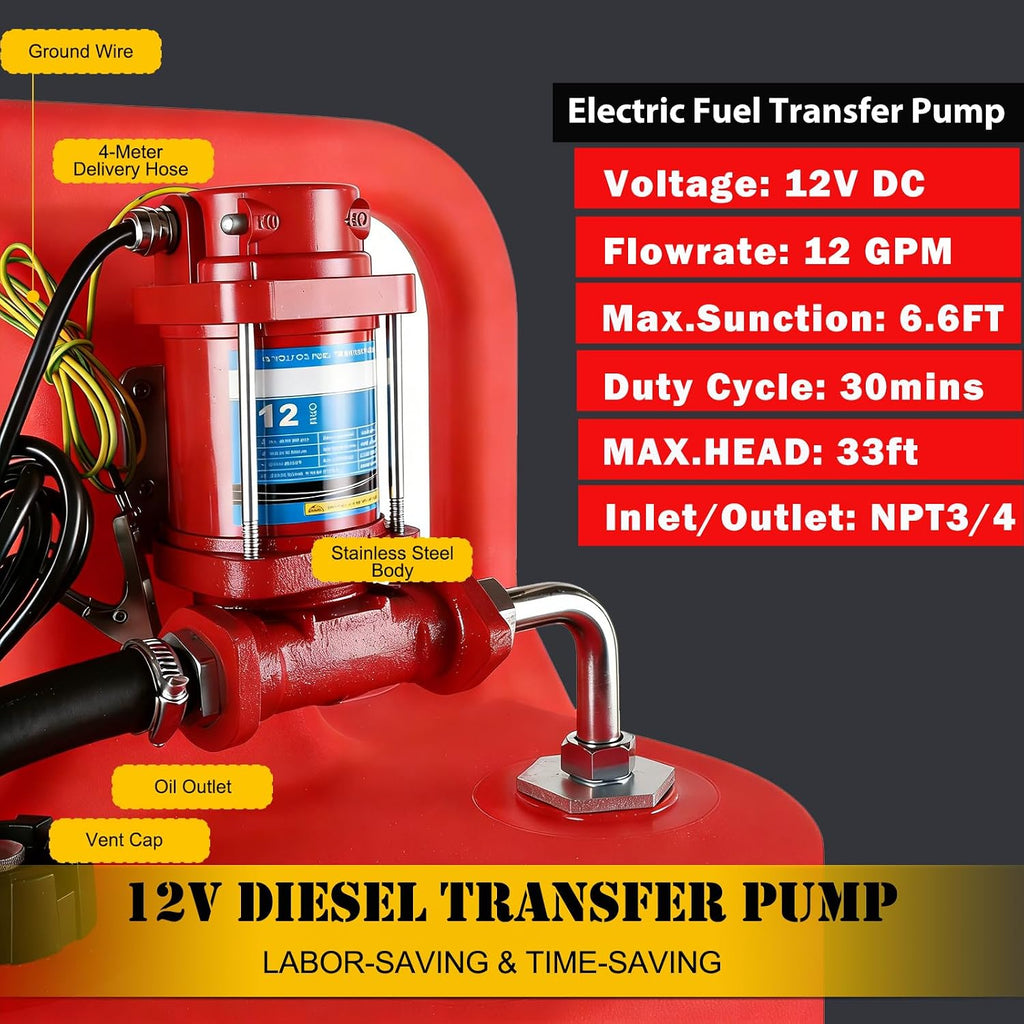 32 Gallon Fuel Caddy, Portable Gas Storage Fuel Tank with 12GPM Fuel Transfer Pump& 2 Wheels, Gasoline Diesel Container for Cars, ATVs, Boats, Lawn Mowers, Red