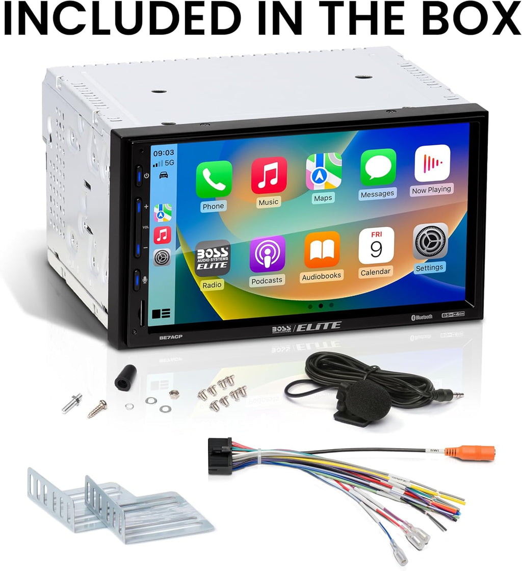 BOSS Audio Systems Elite BE7ACP Car Stereo - 7' Display, Apple CarPlay & Android Auto Head Unit, Double DIN Touch Screen Car Stereo, Bluetooth, AM/FM Radio Receiver, USB, SD, No CD/DVD Player
