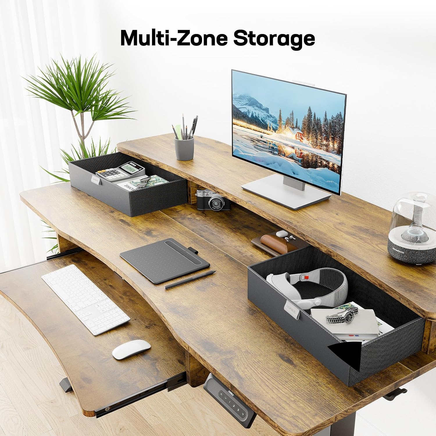 HUANUO 55' x 26' Electric Standing Desk with 2 Drawers & 26.7' Large Keyboard Tray, C-Clamp Mount Compatible, Adjustable Computer Desk for Home Office, Stand Up Desk with 4 Height Presets, Vintage