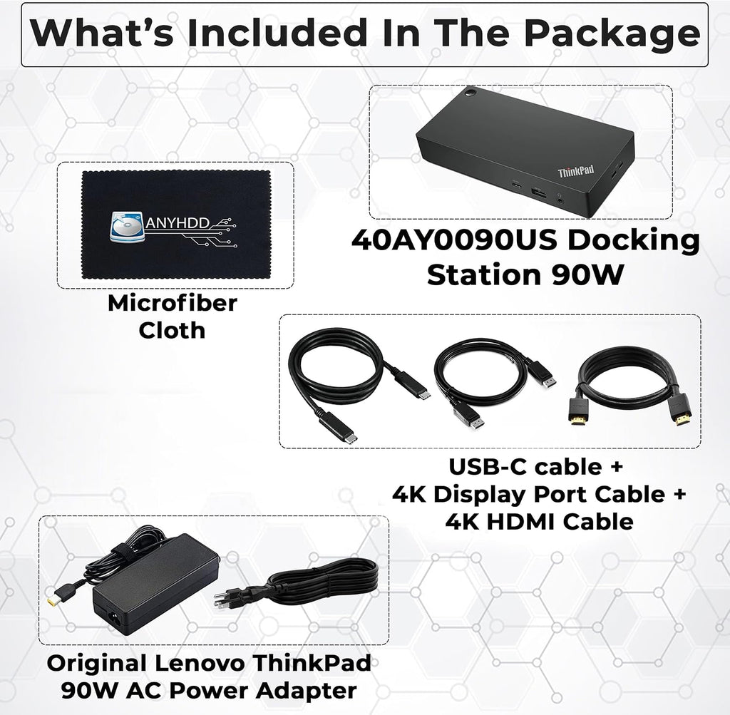 40AY0090US Lenovo Thinkpad Docking Station Dual Monitor - Supports 4K Display, Universal Lenovo Gen 2 Dock with 90W Adapter, HDMI, DisplayPort, USB-C Cables & Cloth (Renewed)