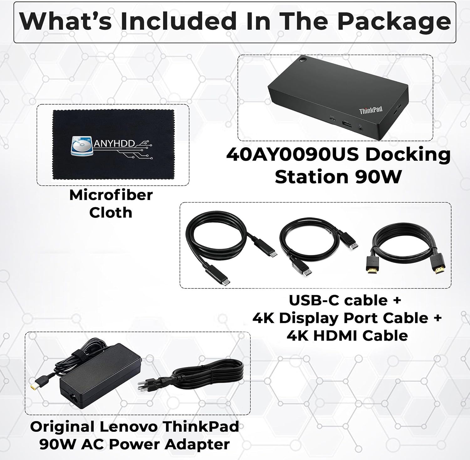 40AY0090US Lenovo Thinkpad Docking Station Dual Monitor - Supports 4K Display, Universal Lenovo Gen 2 Dock with 90W Adapter, HDMI, DisplayPort, USB-C Cables & Cloth (Renewed)
