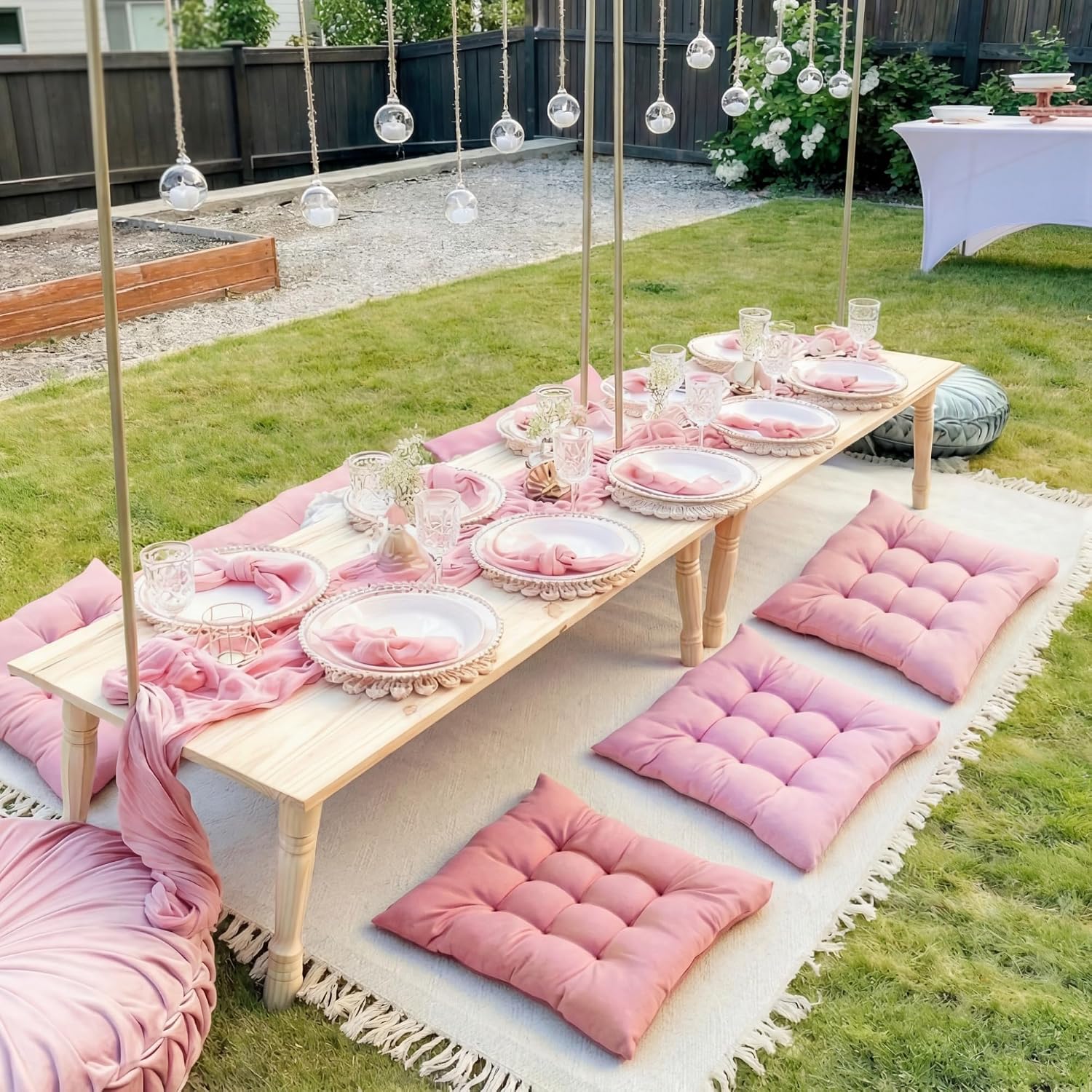 Extra Large Outdoor Picnic Blanket with Table Runner and Floor Pillow Cushion for Picnic Wedding Birthday Baby Shower Backyard Decor(71 x 118'',Pink,12 Pcs)