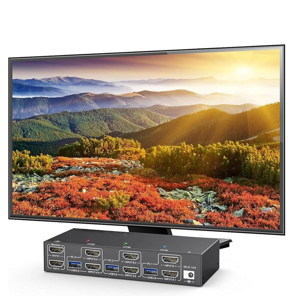 KVM Switch 2 Monitors 3 Computers, Share 4 USB Ports, USB3.0 KVM Switch for Keyboard Mouse Printer Support 4K@60HZ, Dual Monitor Kvm Switcher Support Extended & Duplicate