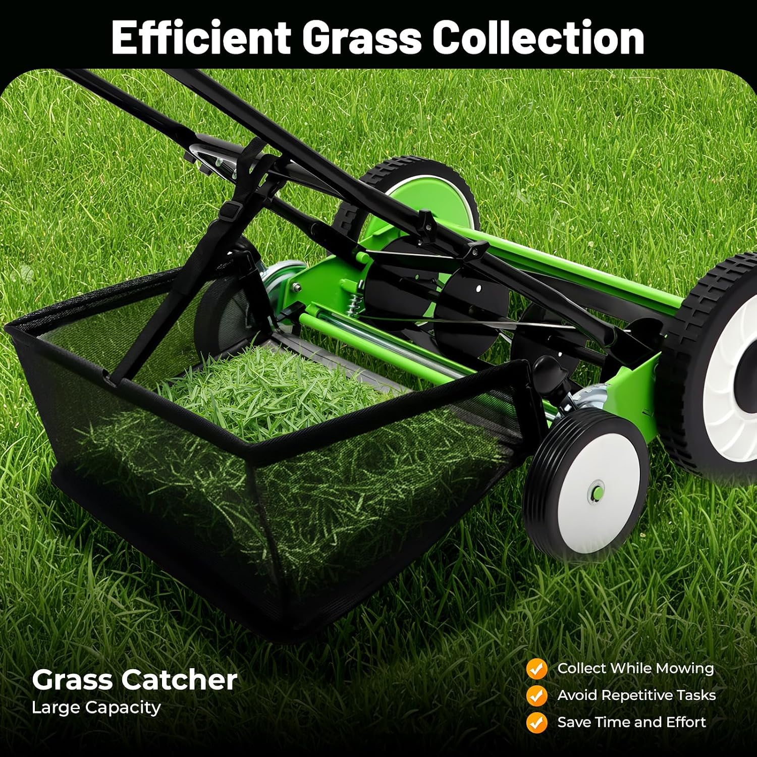 Push Reel Lawn Mower 16 inch, 5 Blades Manual Push Mower with Grass Catcher Bag, 1.34-2.52 in Adjustable Cutting Height for Small Medium Lawns, Yards, Driveways