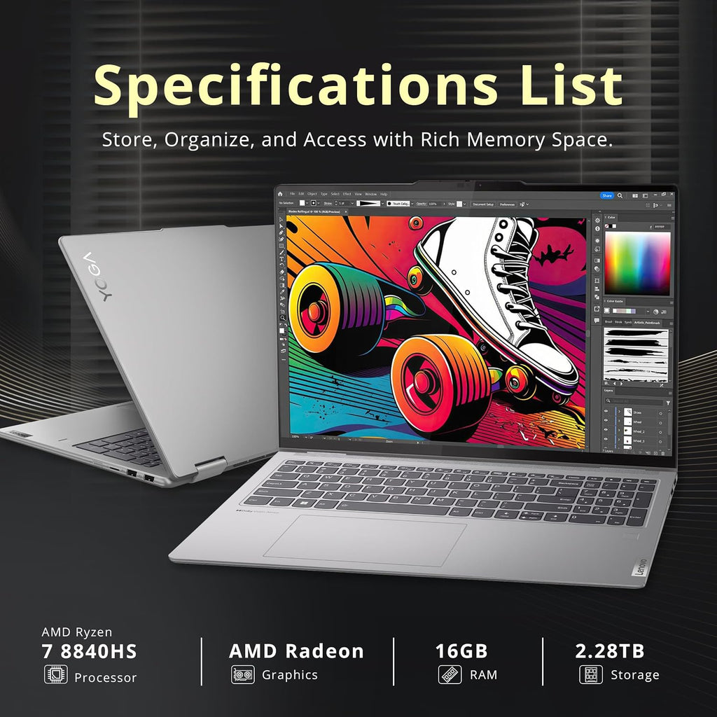 Lenovo Yoga 7 2-in-1 16' 2K Touchscreen Laptop, AMD Ryzen 7 8840HS, 16GB LPDDR5X, 2.28TB Storage (2TB SSD+288GB Docking Station Set), Backlit Keyboard, Fingerprint Reader, WiFi 6E, Win 11, Artic Grey