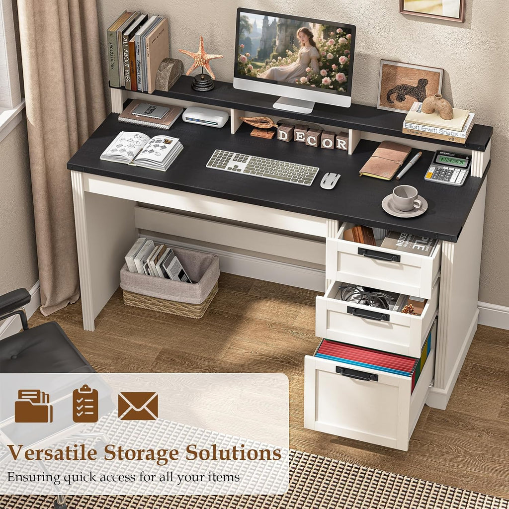 Vabches 55' Farmhouse Executive Desk with 3 Drawers, Wooden Computer Desk, Home Office Desk with File Drawer (Fits A4 Size) for Work and Study, White and Black