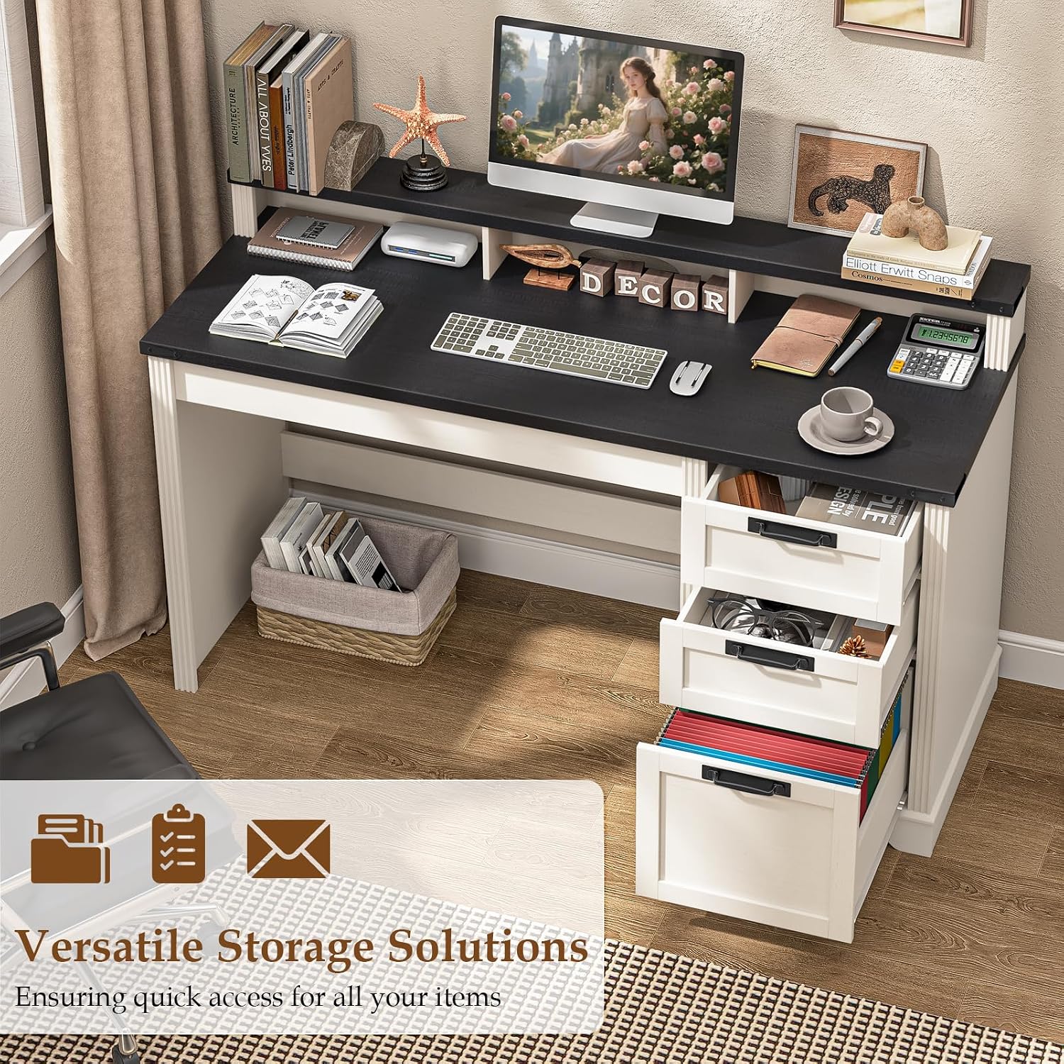 Vabches 55' Farmhouse Executive Desk with 3 Drawers, Wooden Computer Desk, Home Office Desk with File Drawer (Fits A4 Size) for Work and Study, White and Black
