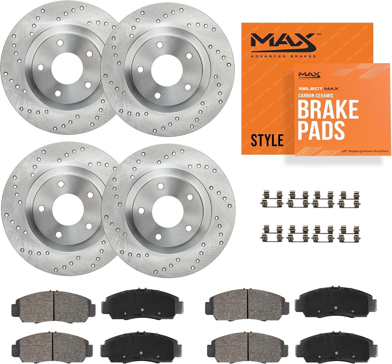 MAX Advanced Brakes - Brake Kit For 2007-2019 Chevrolet Silverado 1500, GMC Sierra 1500, Chevrolet Tahoe| Carbon Ceramic Brake and Rotor Kit Front and Rear| Cross-Drilled Brake Rotors