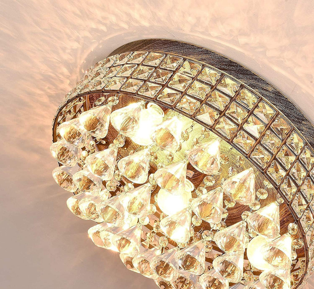 Maxax 4-Light Traditional Crystal Chandelier, Bronze Drum Ceiling Light Fixture with Round Metal Shade & Raindrop Crystals, 15,7' Vintage Flush Mount for Dining Room, Bedroom, Entryway