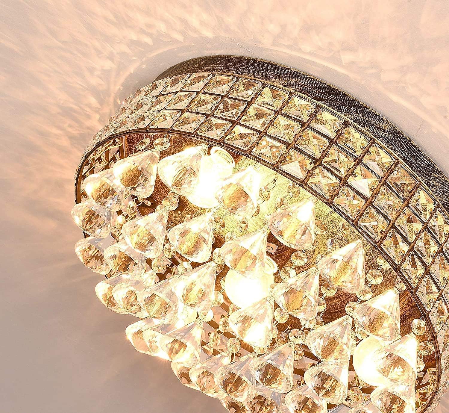 Maxax 4-Light Traditional Crystal Chandelier, Bronze Drum Ceiling Light Fixture with Round Metal Shade & Raindrop Crystals, 15,7' Vintage Flush Mount for Dining Room, Bedroom, Entryway