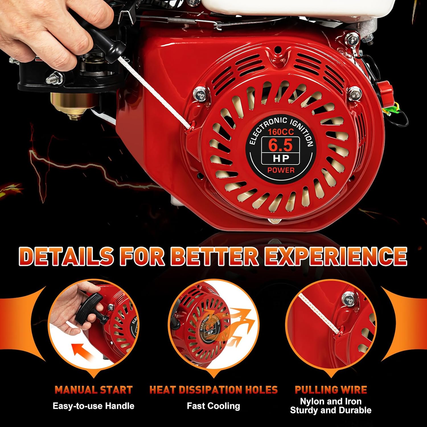 6.5HP 4 Stroke Air Cooled Gas Engine, 160cc Pull Start Gasoline Engine Motor, OHV Replaces for Honda GX160 Go Kart for Compressor Scarifier Lawnmower Pump Generator 20mm (4.8kw)