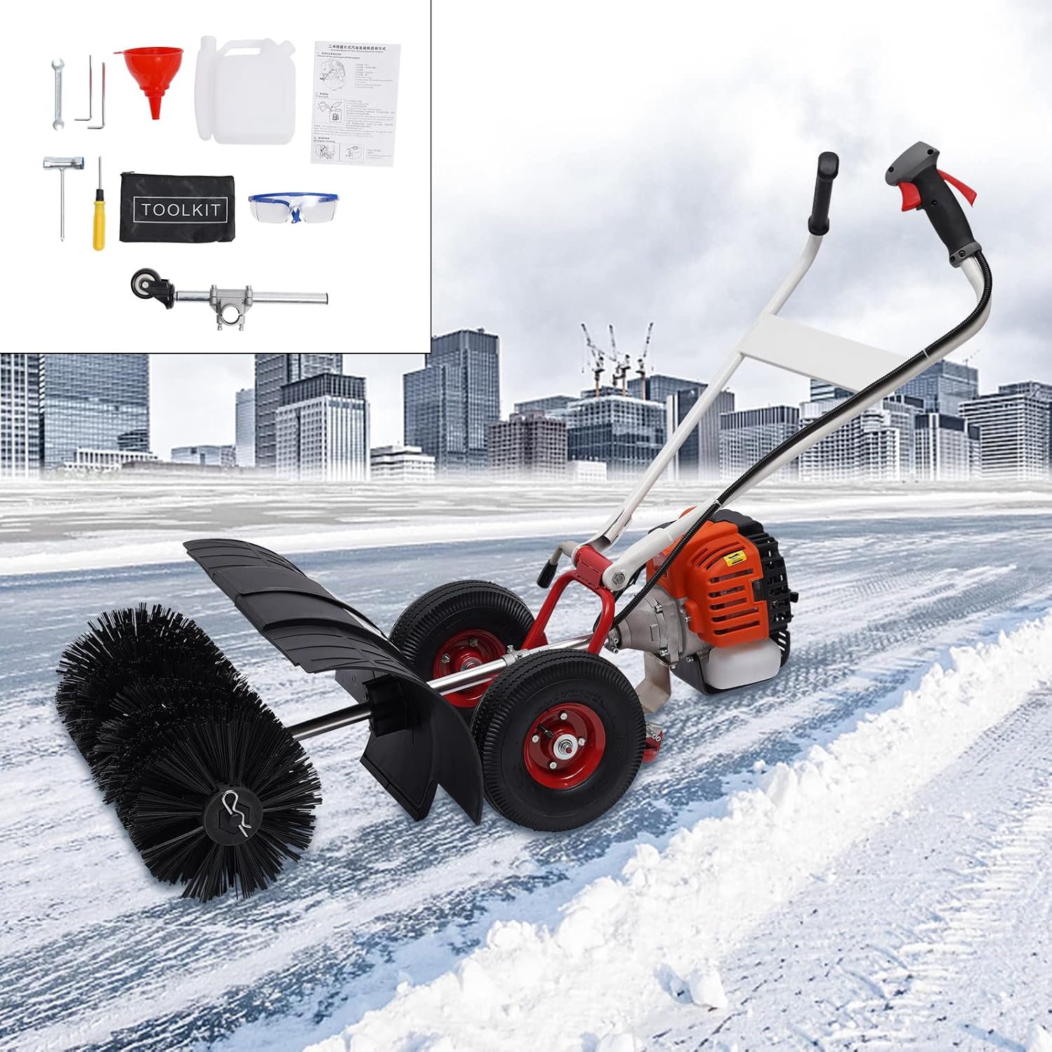 52CC Gas Powered Sweeper Broom 2-Stroke 2.5Hp Hand-Push Artificial Grass Sweeper Walk Behind Lawn Sweeper Snow & Leaves Cleaning Sweeper Broom for Garden Lawn Driveway Walkway| US Stock