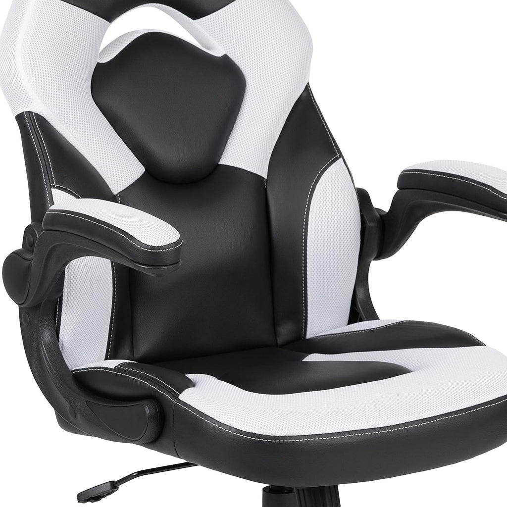 Flash Furniture Black Gaming Desk and White/Black Racing Chair Set with Cup Holder, Headphone Hook, and Monitor/Smartphone Stand