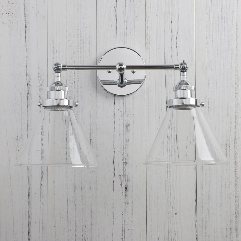 Permo Vintage Industrial Antique 2-Lights Wall Sconces with Dual Funnel Clear Glass Shade (Chrome)