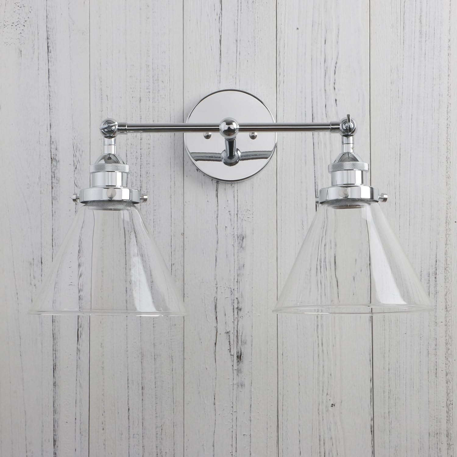 Permo Vintage Industrial Antique 2-Lights Wall Sconces with Dual Funnel Clear Glass Shade (Chrome)