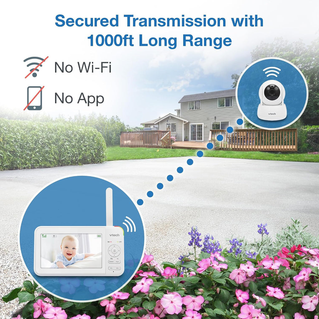 VTech 924-3W Video Baby Monitor with 3 Cameras, 5' LCD Screen, No WiFi, Pan Tilt Zoom, Up to 17Hrs Video & 31Hrs Audio Battery, 1000ft Range, Night Vision, Lullabies, Temperature Sensor, 2-Way Talk