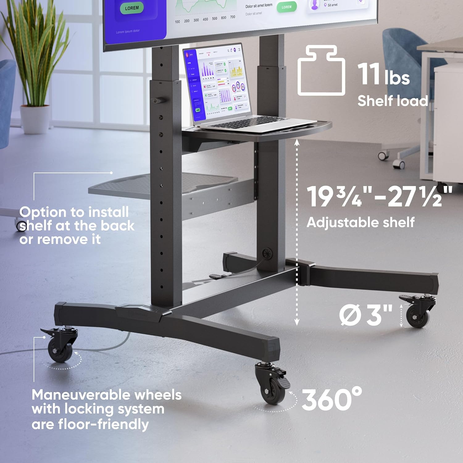 ONKRON Mobile TV Stand on Wheels for 50 - 100 Inch Screen, max Load 286 lbs, Height Adjustable, Tilting, Portable Stand, max VESA 1000x600, Tall Heavy Duty TV Cart Rolling TV Stand with Shelf Black