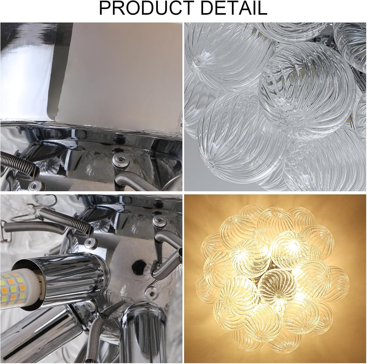 8-Light Flush Mount Ceiling Light, 16' Glass Bubble Ball Chandelier with 21 Clear Balls, Modern Globe Dining Room Light Fixture for Bedroom, Living Room, Hallway, Entry, Bathroom