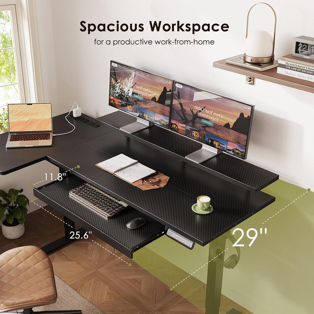 OffiGo 55 Inch L Shaped Electric Standing Desk with Keyboard Tray, Reversible Height Adjustable Corner Computer Desk with Monitor Stand, Sit Stand Up Lift Table for Home, Office, Carbon Fiber Black