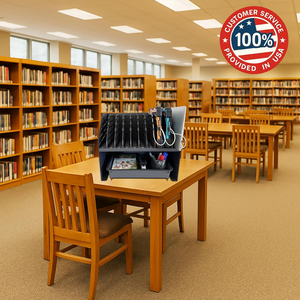 Laptop Charging Station for Classroom, Office, or Home, 10-Device Organizer with 6 AC Outlets & 4 Fast-Charging USB Ports, Fits Laptops, Tablets & E-Readers up to 1.375' Thick, 15.6'