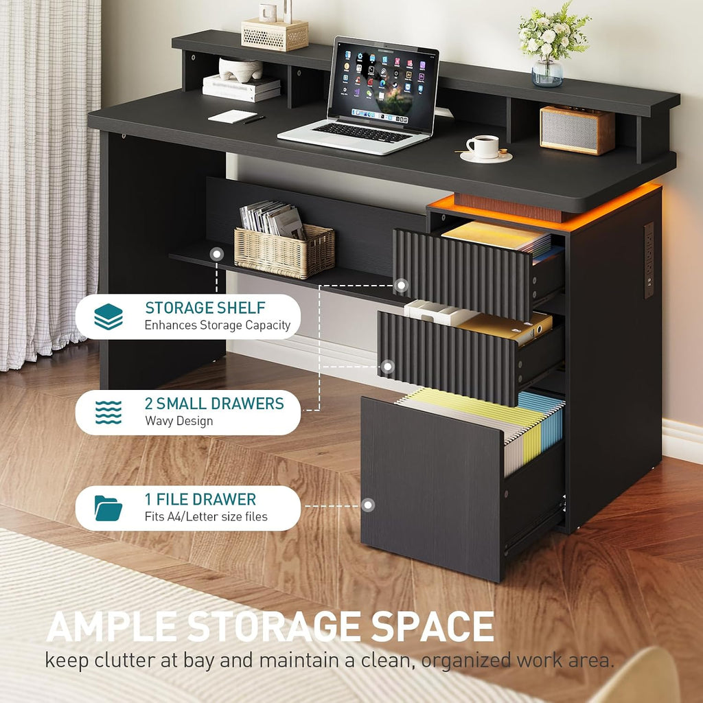 RALGEND 59' Executive Desk with Drawer, Fluted Computer Desk with File Drawer & Monitor Stand, Home Office Desk with Power Outlet, LED Light, Modern Fluted Computer Writing Desk with Storage, Black