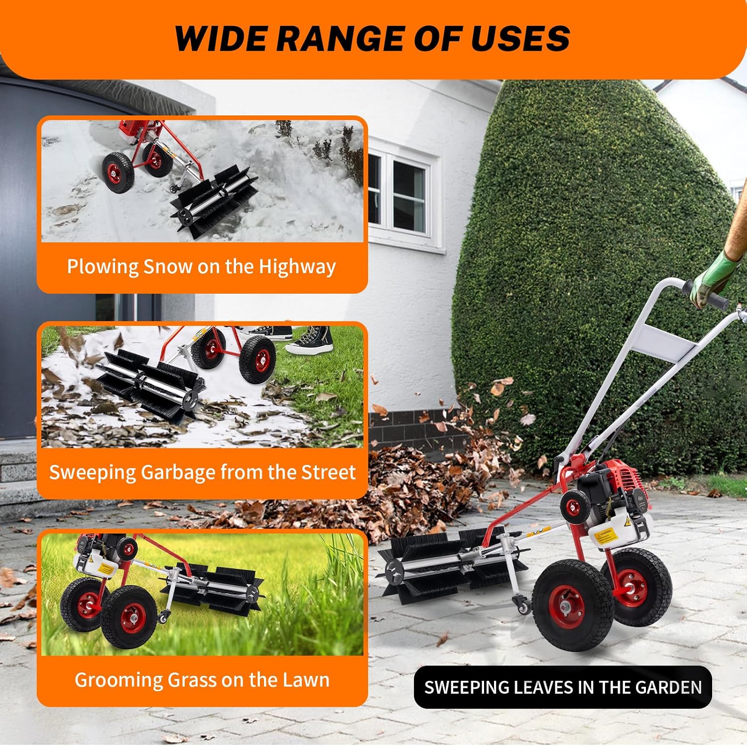 43CC 2 Stroke Outdoor Hand Held Gas Power Broom Gas Walk Behind Push Lawn Sweeper Handheld Walk Behind Sweeper Broom Artificial Turf Gas Power Sweeper 1.7 HP Gas Engine Turf Lawn Sweeper