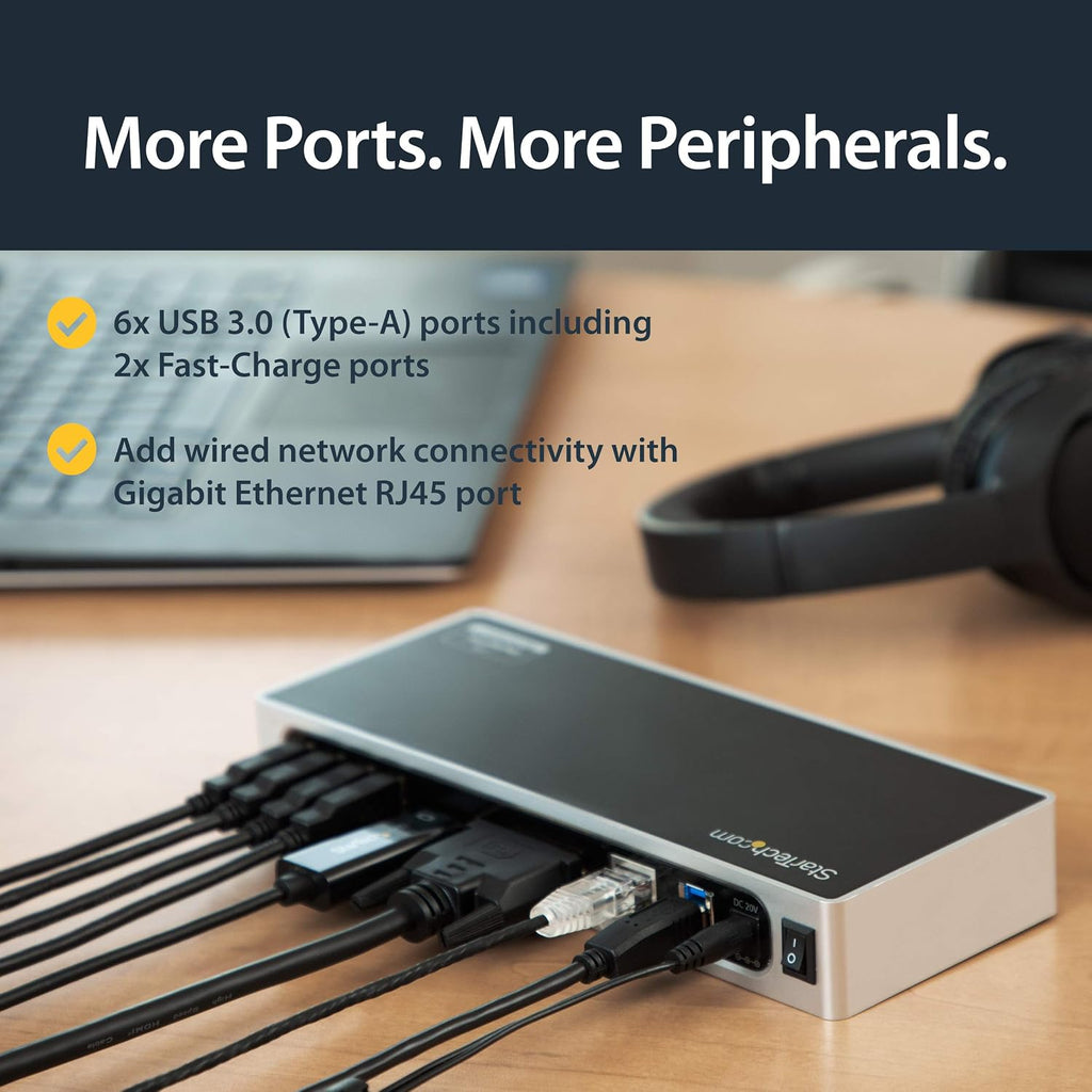 StarTech.com USB 3.0 Docking Station - Dual Monitor Laptop Docking Station with HDMI & DVI/VGA Video - 6-port USB 3.1 Gen 1 5Gbps Hub, GbE, Audio - Universal Type-A Dock - Windows & Mac (DK30ADD)