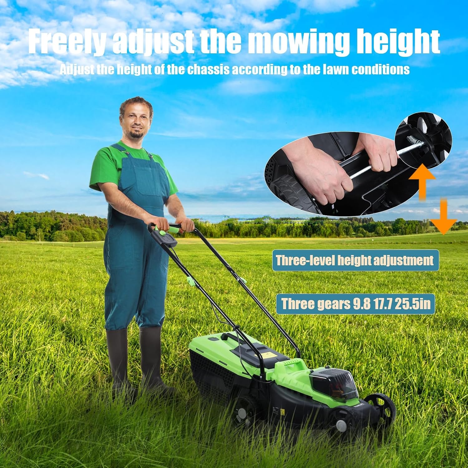 Self-Propelled Cordless Push Lawn Mower, 32cm Cutting Width, 1600W Power, 30L Grass Tank, 3-Position Height Adjustment (25-65cm), US Plug