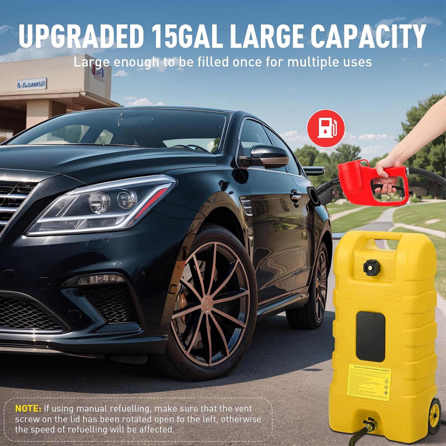 15 Gallon Fuel Tank, Gas Can Portable Container with LE Fluid Transfer Siphon Pump & 10ft Delivery Hose, Diesel Storage Caddy On-Wheels for Cars, Lawn Mowers, ATVs, Boats, etc. (Yellow)