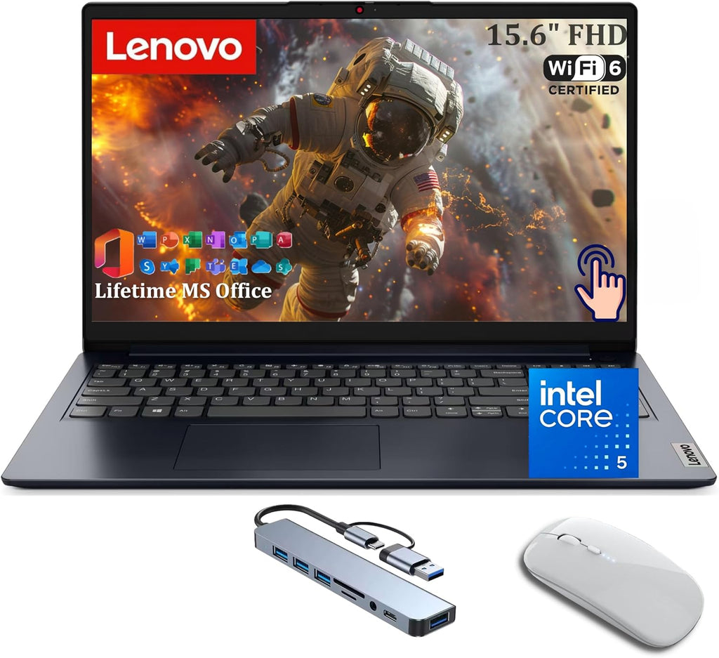 Lenovo IdeaPad 1i Laptop, 15.6' FHD Touchscreen, Intel Core i5-1335U (>i7-1165), 16GB RAM, 1TB SSD, MS Office Lifetime • Copilot AI, 8-in-1 HUB & Mouse, Wi-Fi 6, HDMI, Windows 11, Blue