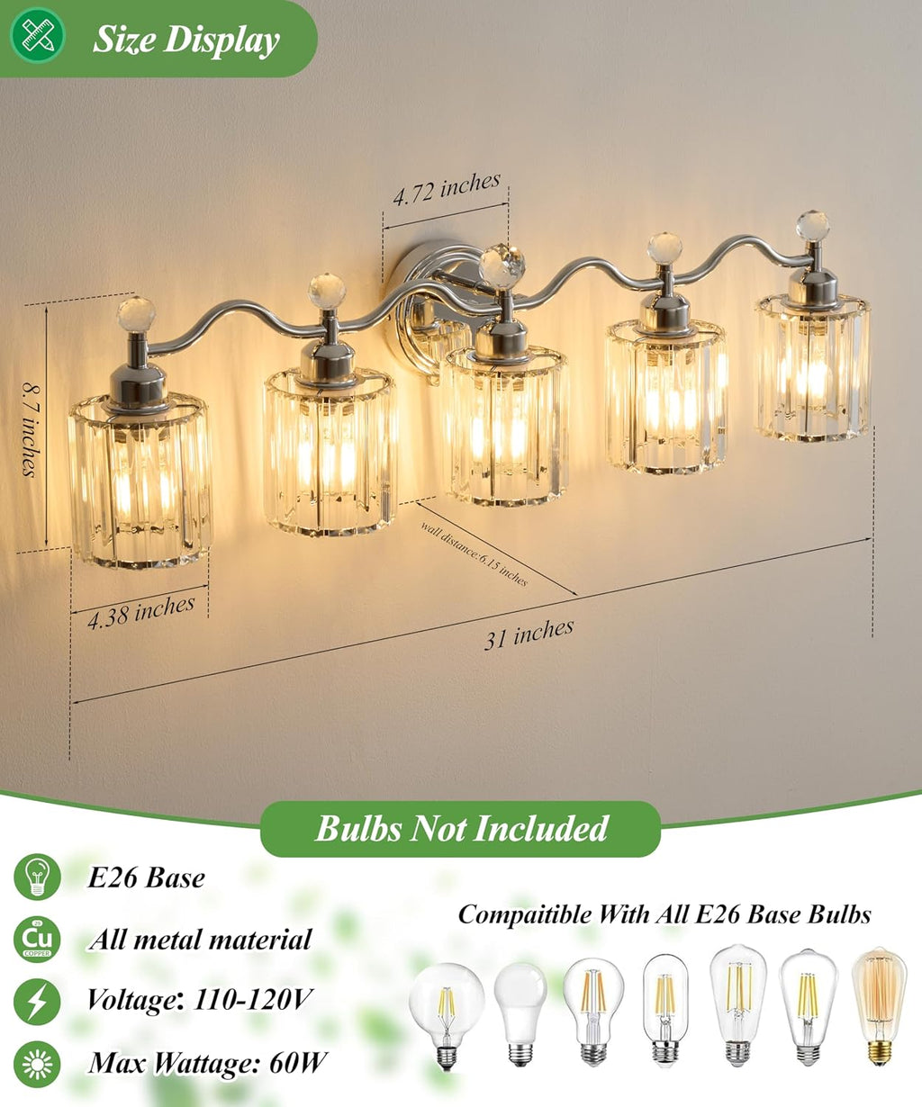 Bathroom Vanity Light, Modern Crystal Bathroom Ligth Fixture, Chrome 5 Light Vanity Lights, Light Fixtures Above Mirror, Wall Lamp for Mirror Living Room Cabinet Bedroom Porch