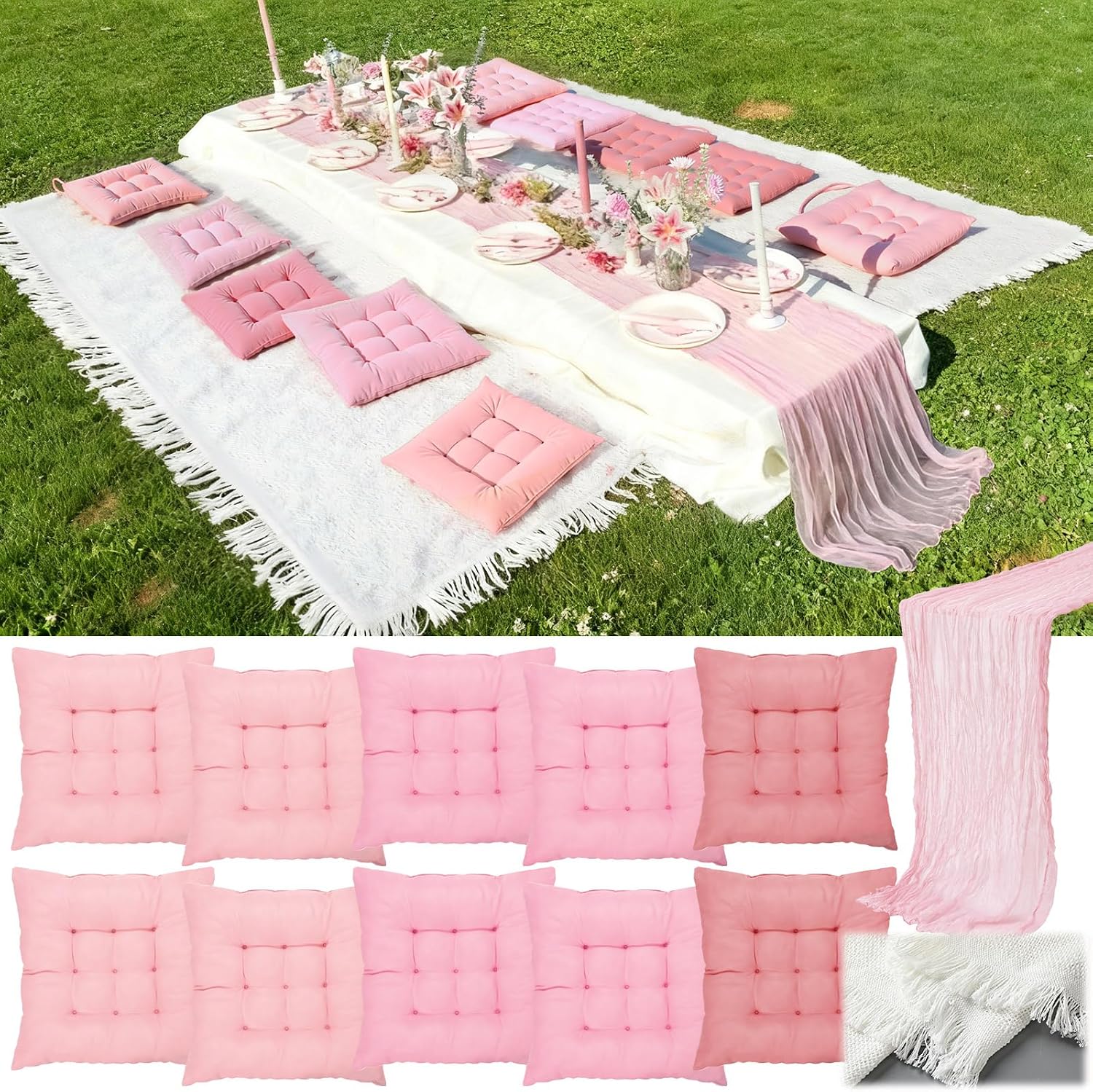 Extra Large Outdoor Picnic Blanket with Table Runner and Floor Pillow Cushion for Picnic Wedding Birthday Baby Shower Backyard Decor(71 x 118'',Pink,12 Pcs)