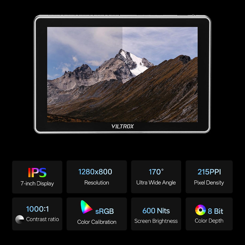 VILTROX DC-L1 7-Inch Touchscreen Camera Field Monitor 1280×800，Supports HDMI 1.4，Custom 3D LUT Import, Vectorscope & Waveform Scopes, Detachable Sunshade, NP-F Battery & Accessories