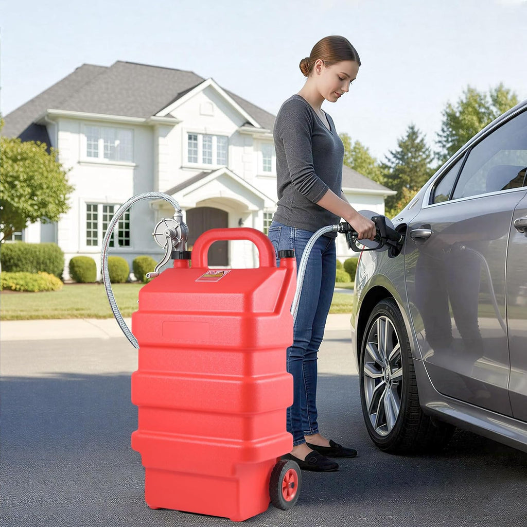 16 Gallon Fuel Caddy, Portable Gas Storage Tank with Manual Transfer Pump, Hose & 2 Wheels, Gasoline Diesel Fuel Container for Cars, ATVs, Boats, Lawn Mowers, Red