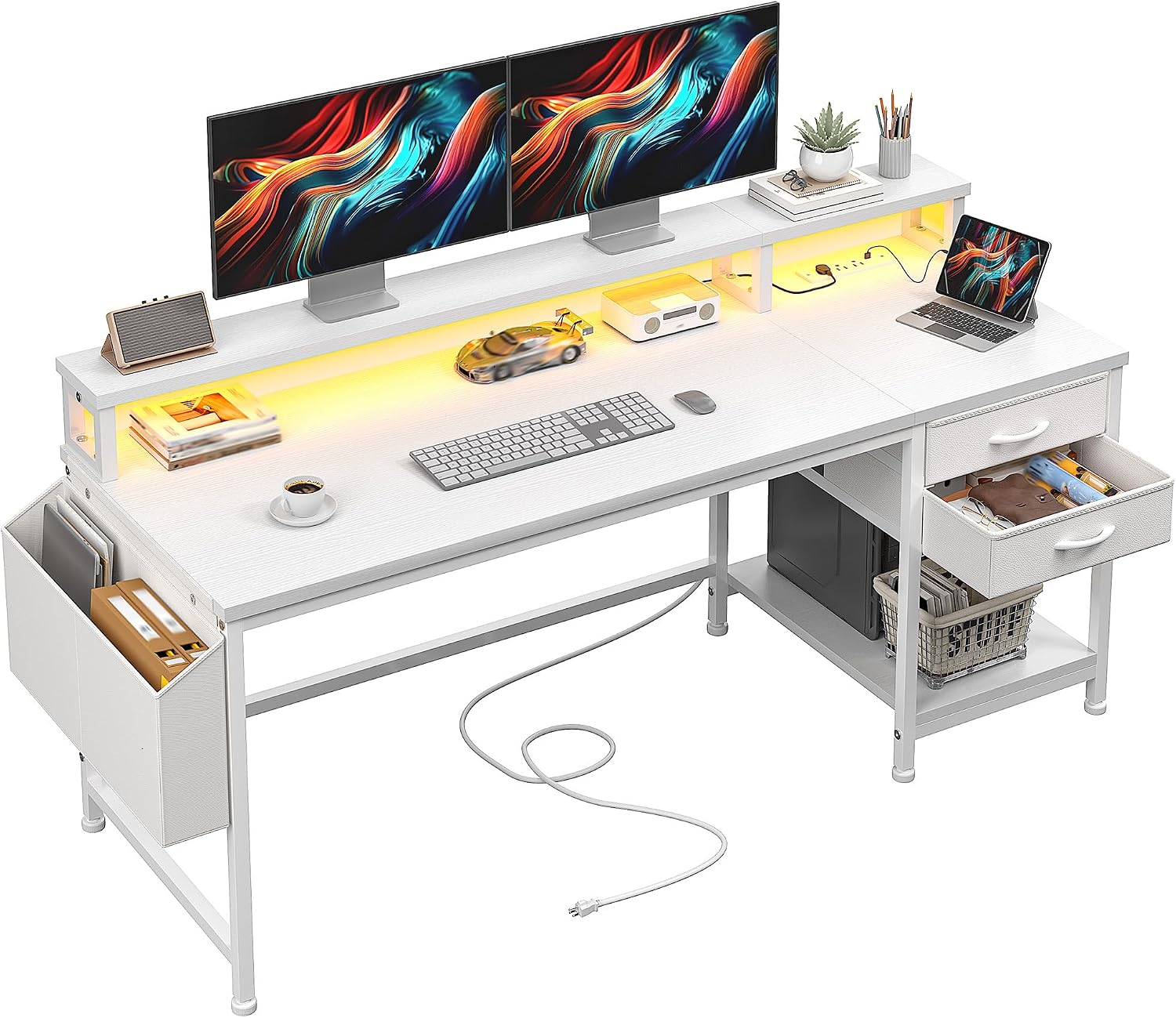 DurayLoly 55' White Desk with File Drawers & Storage Bag, Reversible Computer Desk with Monitor Stand,Home Office Desk with LED Strip & Power Outlets for Bedroom, Small Space, Study, Handwork