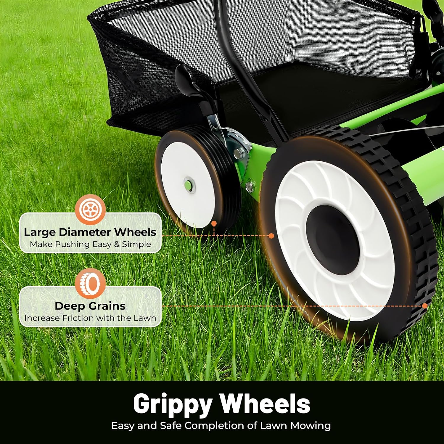 Push Reel Lawn Mower 16 inch, 5 Blades Manual Push Mower with Grass Catcher Bag, 1.34-2.52 in Adjustable Cutting Height for Small Medium Lawns, Yards, Driveways