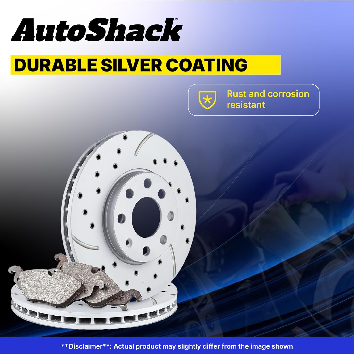 AutoShack Front & Rear Brake Rotors & Ceramic Pads for Toyota & Lexus, RAV4 2006-2008 HS250h 2010-2012, FWD 4WD L4 2.4L - Coated Drilled & Slotted - Silver Matte Finish - TurboGuard