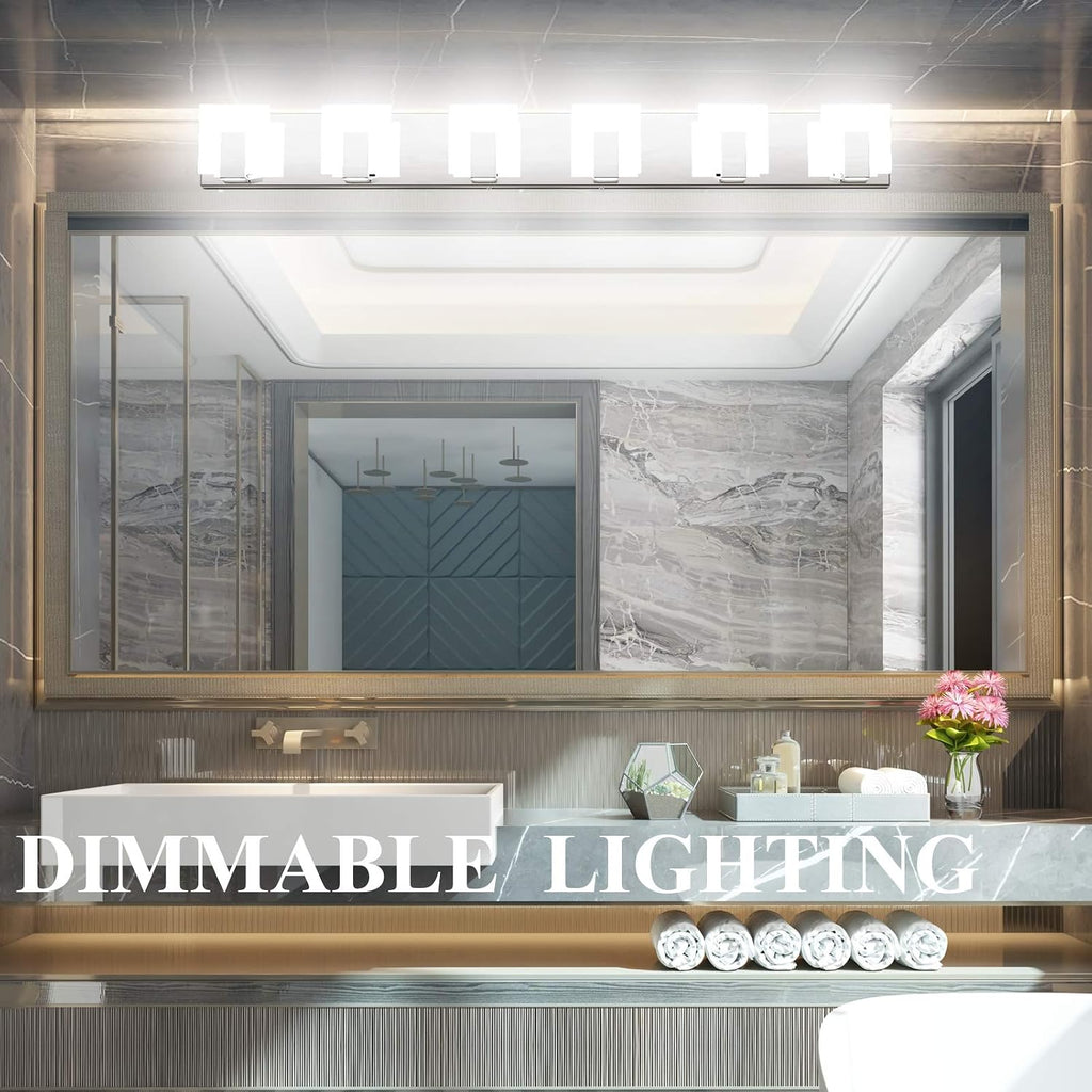 Aipsun 6 Lights Dimmable Modern LED Bathroom Vanity Light Acrylic Stainless Steel Chrome Up and Down Bathroom Wall Light Over Mirror(White Light 6000K)