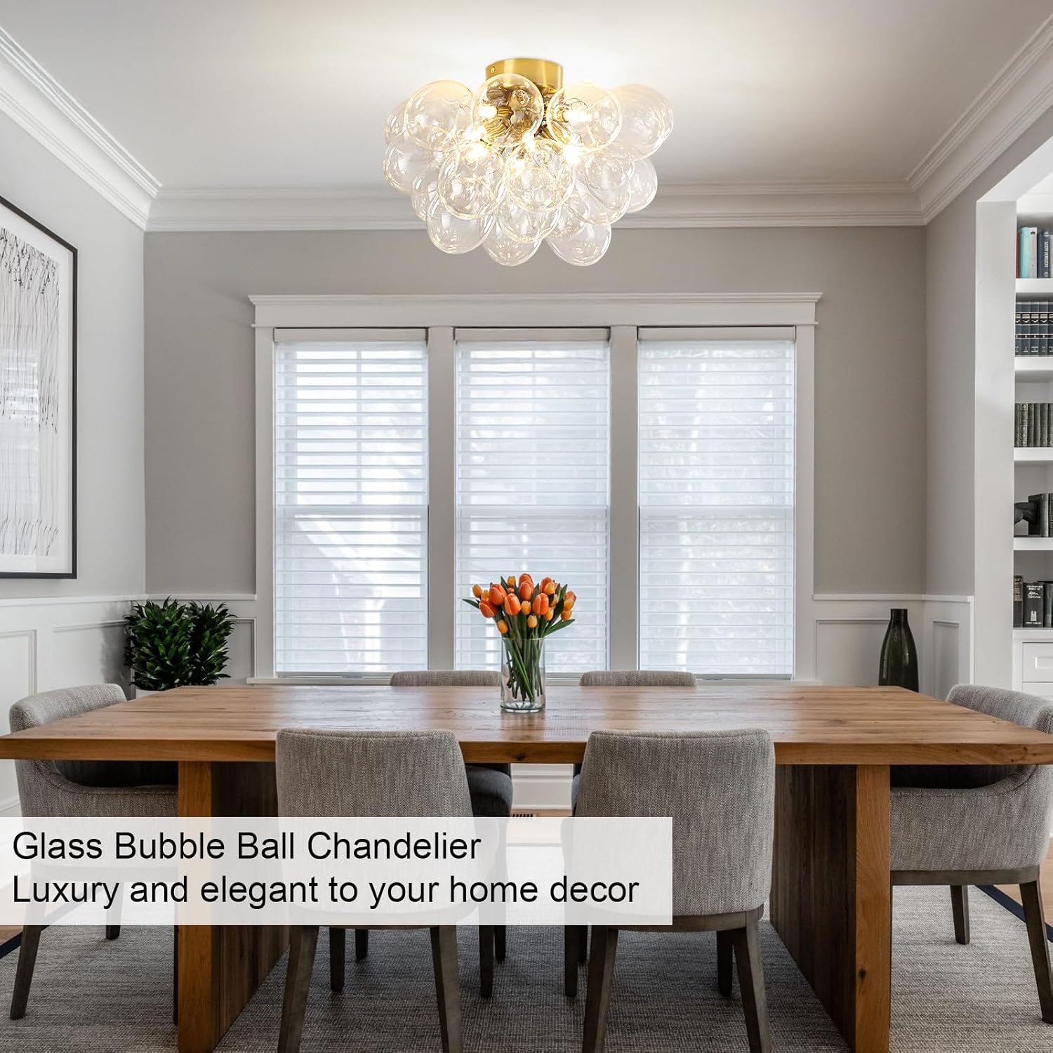 8-Light Flush Mount Ceiling Light, 16' Glass Bubble Ball Chandelier with 21 Clear Balls, Modern Globe Dining Room Light Fixture for Bedroom, Living Room, Hallway, Entry, Bathroom