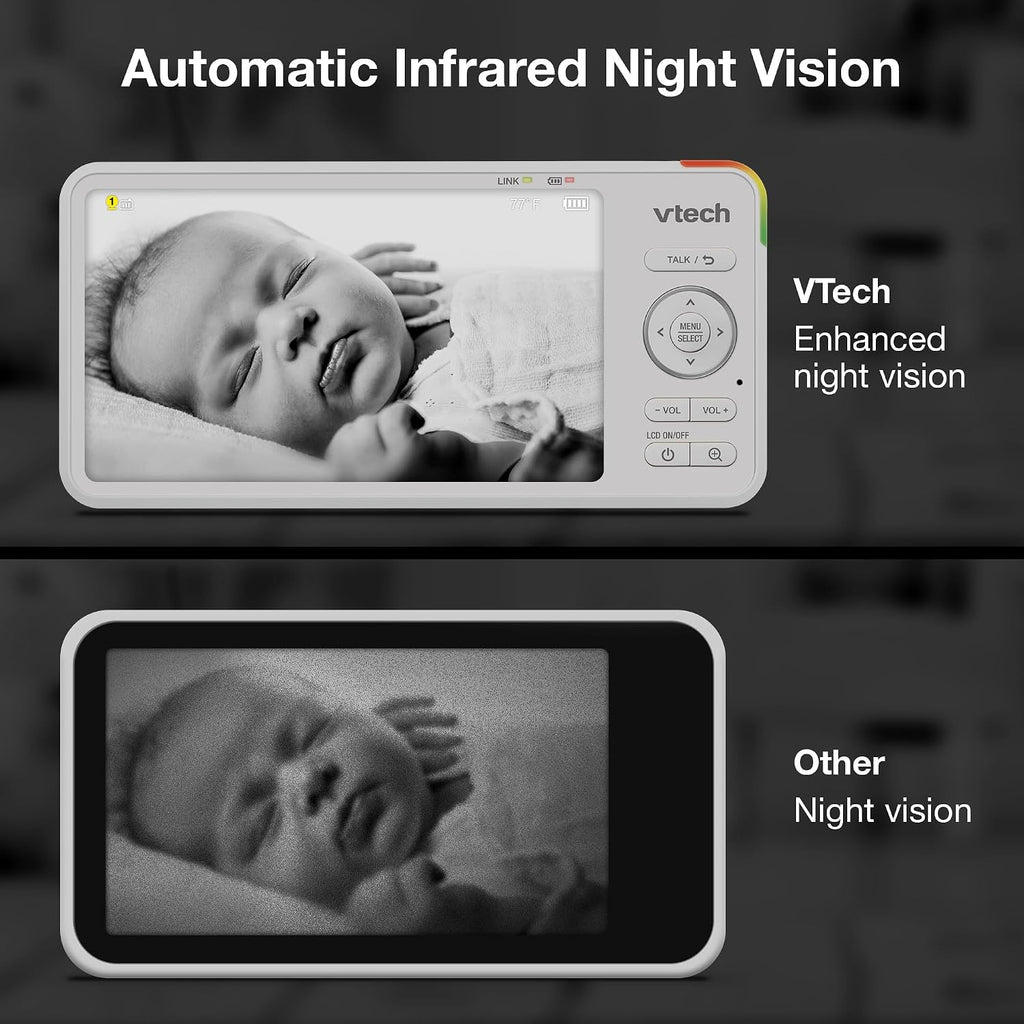 VTech Baby Monitor with 2 Cameras No WiFi & 5.5' IPS Split Screen, Remote Pan Tilt Zoom – 13Hr Video Battery, 1000ft Range, Night Vision, Night Light, Two-Way Talk | Advanced HD Plus Twin